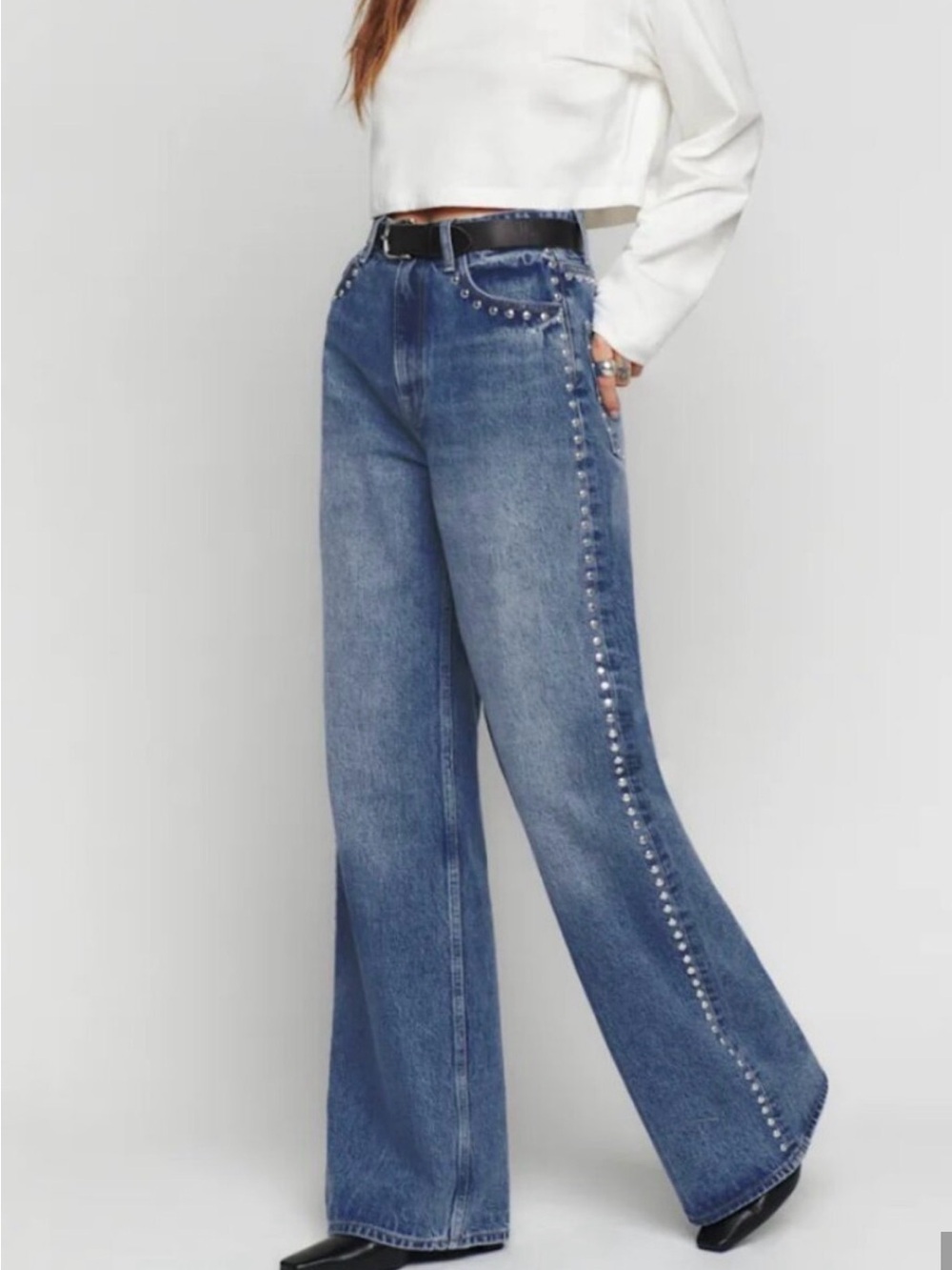 Reformation Blue Wide-Leg Studded Jeans